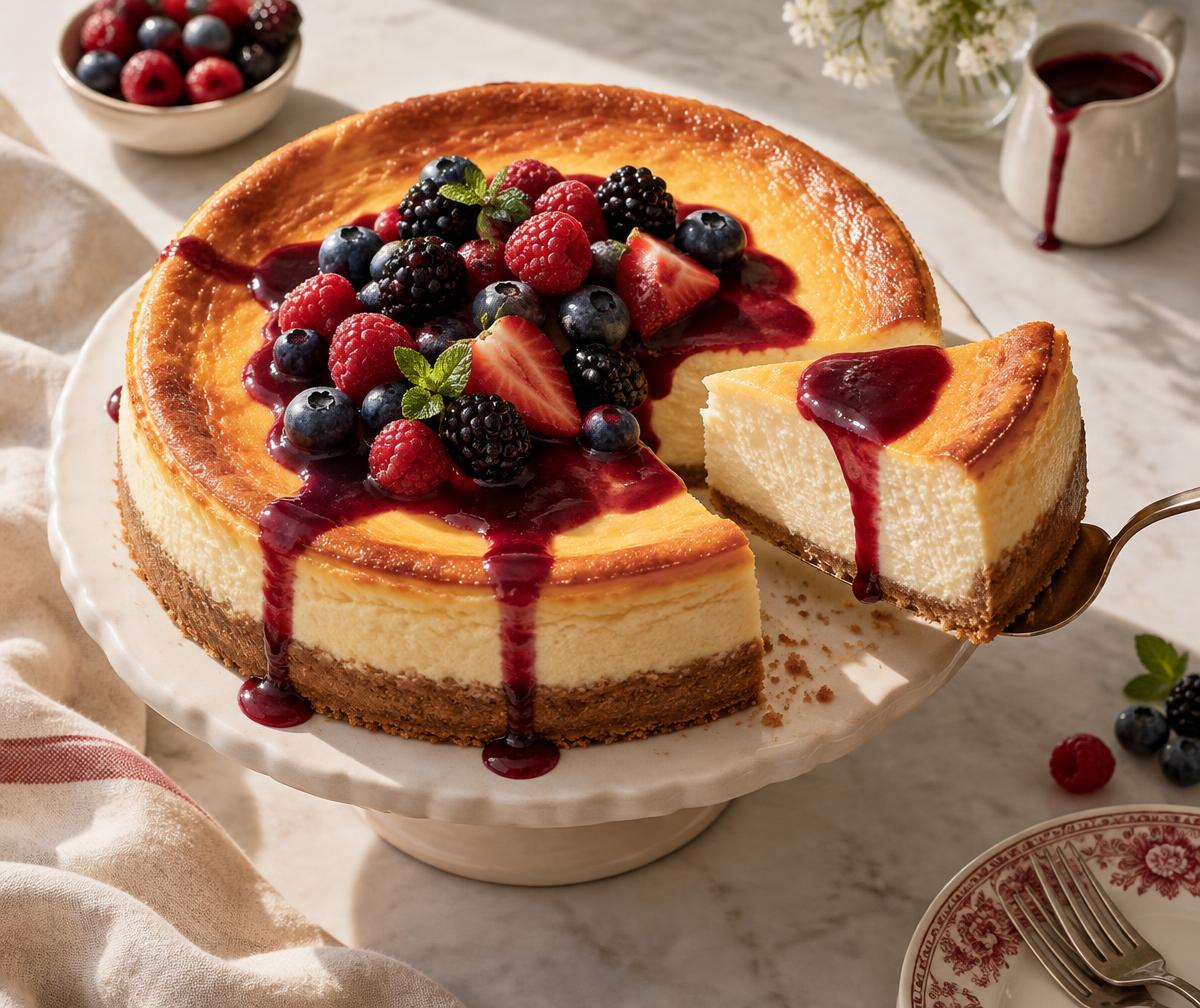 Whole cheesecake with mixed berry topping and a slice being served